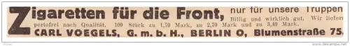 original Werbung - 1916 - Zigaretten für die Front , Carl Voegels GmbH in Berlin , Cigaretten , Militär , Armee !!