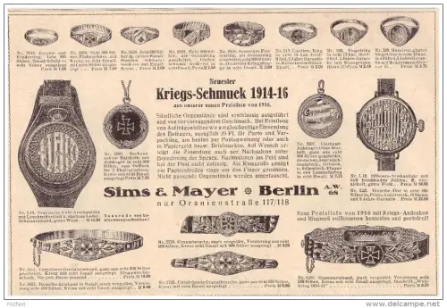 original Werbung - 1916 - Kriegsschmuck , Silber , Sims & Mayer in Berlin , Patriotika , Fingerring , Militär , Armee !!