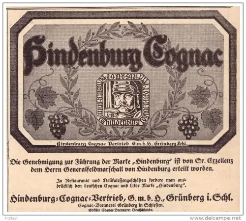 original Werbung - 1916 - Hindenburg - Cognac , Grünberg / Zielona Góra i. Schlesien , Alkohol !!!