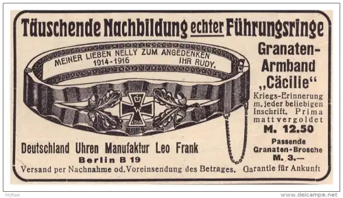 original Werbung - 1916 - Führungsringe , Ringe , Manufaktur Leo Frank in Berlin , Fingerring , Militär , Armee !!!