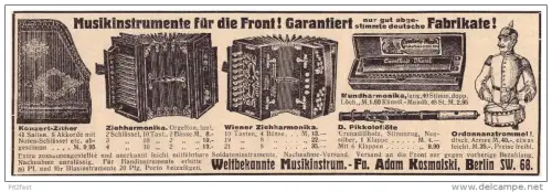original Werbung - 1916 - Musikinstrumente für die Front , A. Kosmalski in Berlin , Akkordeon , Militär , Armee !!!
