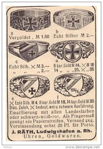 original Werbung - 1916 - J. Räth in Ludwigshafen a. Rh., Ring , Silber , Patriotika , Fingerring , Militär , Armee !!!