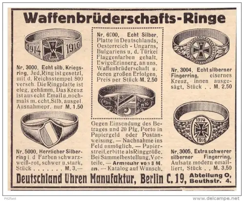 original Werbung - 1916 - Ringe Waffenbrüderschaft , Silber , Patriotika , Fingerring , Militär , Armee !!!