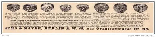 original Werbung - 1916 - Kriegsschmuck , Silber , Sims & Mayer in Berlin , Patriotika , Fingerring , Militär , Armee !!