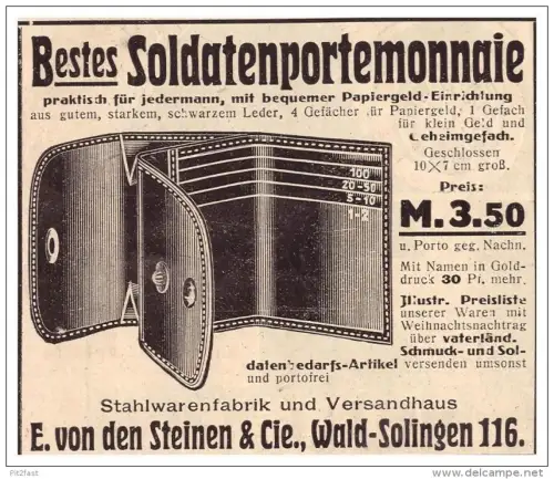original Werbung - 1916 - Portemonnaie für Soldaten , E. von den Steinen & Cie in Solingen !!!