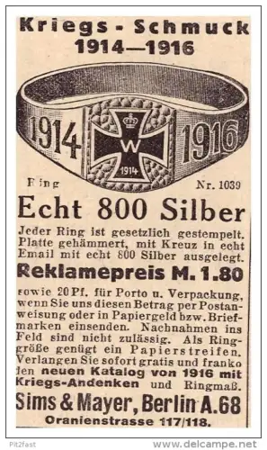 original Werbung - 1916 - Kriegsschmuck , Silber , Sims & Mayer in Berlin , Patriotika , Fingerring , Militär , Armee !!