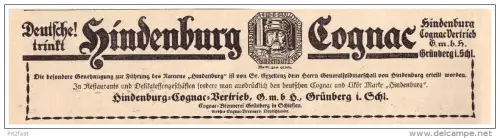original Werbung - 1916 - Hindenburg - Cognac , Grünberg / Zielona Góra i. Schlesien , Alkohol !!!
