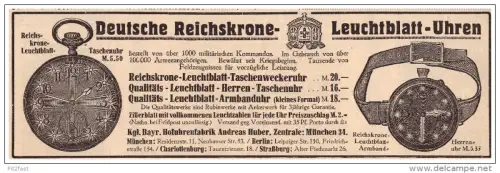 original Werbung - 1916 - Reichskrone - Leuchtblattuhren , Uhr , Uhren , Fabrik A. Huber in München !!!