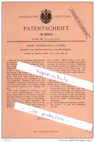 Original Patent  - Georg Wenderoth in Cassel , 1886 , Blutegel - Aufbewahrung , Arzt , Medizin , Heilung , Kassel !!!