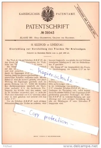 Original Patent  - H. Kleinod in Lindenau , 1886 , Verstellung des Tisches für Kreissägen , Tischlerei , Sägewerk !!!
