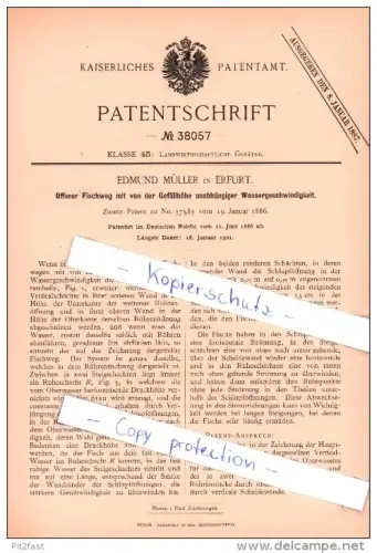 Original Patent  - Edmund Müller in Erfurt , 1886 , offener Fischweg , Fischerei , Fischzucht , Fisch !!!