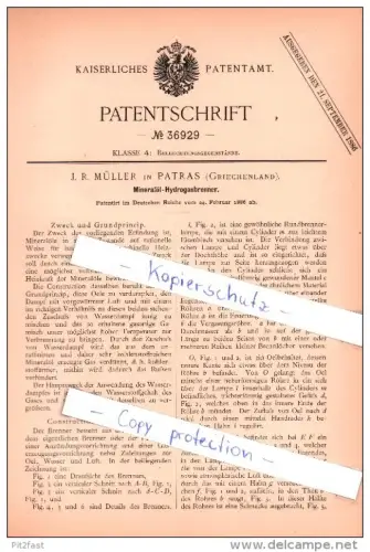 Original Patent  - J . R. Müller in Patras , Griechenland , 1886 , Mineralöl - Hydrogasbrenner !!!