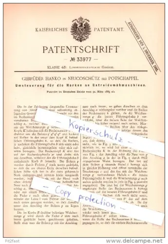 Original Patent  - Gebrüder Hanko in Neucoschütz bei Potschappel , 1885 , Getreidemähmaschinen , Freital !!!