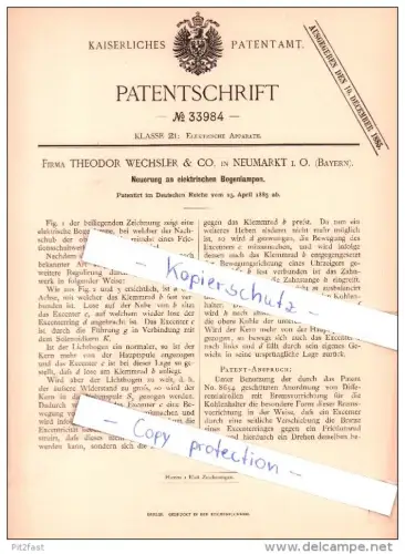 Original Patent  - Firma T. Wechsler & Co. in Neumarkt i. O. , Bayern , 1885 ,  Bogenlampen !!!