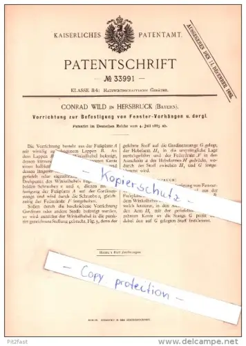 Original Patent  - C. Wild in Hersbruck , Bayern , 1885 ,  Befestigung von Fenster - Vorhängen !!!