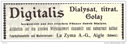 original Werbung - 1907 - La Zyma AG in Aigle , Schweiz , Digitalis , Kur , Arzt , Krankenhaus !!