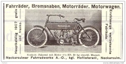 original Werbung - 1907 - NSU , Motorrad , Neckarsulm , moto , Motorräder !!!