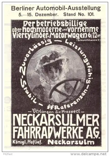 original Werbung - 1907 - NSU Automobil - Ausstellung Berlin , Motorrad , Neckarsulm , moto , Motorräder !!!