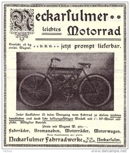 original Werbung - 1907 - NSU Motorrad , Neckarsulm , moto , Motorräder , Motorrad !!!
