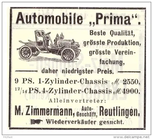 original Werbung - 1907 - Automobile PRIMA , M. Zimmermann in Reutlingen , automobile !!!