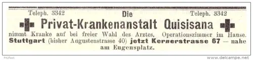 original Werbung - 1907 , Privat - Krankenanstalt Quisisana in Stuttgart , Kur , Arzt , Krankenhaus !!