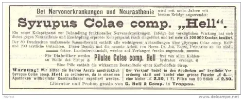 original Werbung - 1907 , Syrupus Colae , G. Hell & Co in Troppau / Opava , Kur , Arzt , Krankenhaus !!