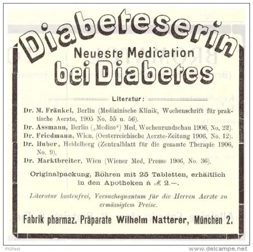 original Werbung - 1907 , Diabeteserin bei Diabetes , W. Natterer in München , Kur , Arzt , Krankenhaus !!