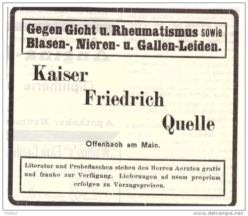 original Werbung - 1907 , Kaiser Friedrich Quelle in Offenbach a.M., Kur , Arzt , Krankenhaus !!