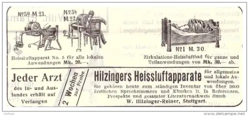 original Werbung - 1907 , Hilzinger Heissluft - Apparate , Stuttgart , Sanitätshaus , Kur , Arzt , Krankenhaus !!