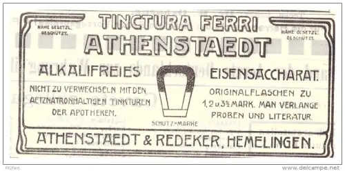 original Werbung - 1907 , Tinctura Athenstaedt & Redeker , Hemelingen b. Bremen , Kur , Arzt , Krankenhaus !!