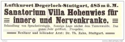 original Werbung - 1907 - Sanatorium Villa Hohenwies , Degerloch - Stuttgart , Kur , Arzt , Krankenhaus !!