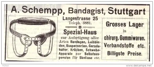 original Werbung - 1907 - A. Schempp in Stuttgart , Bandagist , Sanitätshaus , Kur , Arzt , Krankenhaus !!