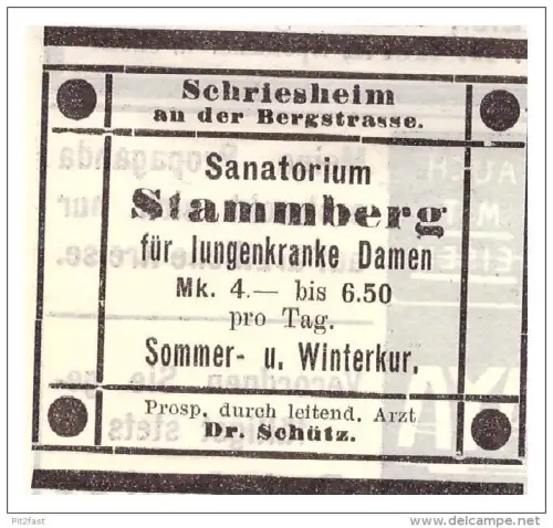 original Werbung - 1907 - Sanatorium Stammberg in Schriesheim a.d. Bergstraße , Kur , Arzt , Krankenhaus !!