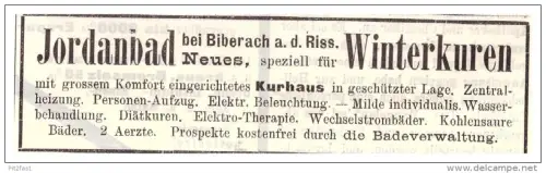 original Werbung - 1907 - Jordanbad b. Biberach a.d. Riss , Kur , Arzt , Krankenhaus !!!
