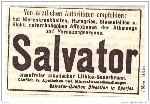 original Werbung - 1887 - Salvator - Quellen in Eperjes , Kur , Arzt , Krankenhaus !!!
