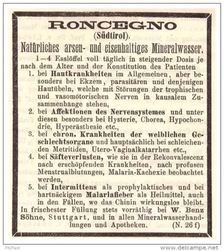 original Werbung - 1887 - Roncegno , Südtirol , Trient , Kur , Arzt , Krankenhaus !!!