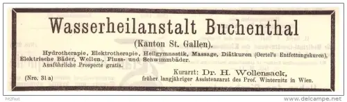 original Werbung - 1887 - Wasserheilanstalt Bad Buchenthal b. Uzwil , Kur , Arzt , Krankenhaus !!!