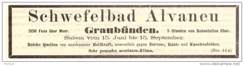 original Werbung - 1887 - Schwefelbad Alvaneu in Graubünden / Chur , Kur , Arzt , Krankenhaus !!!