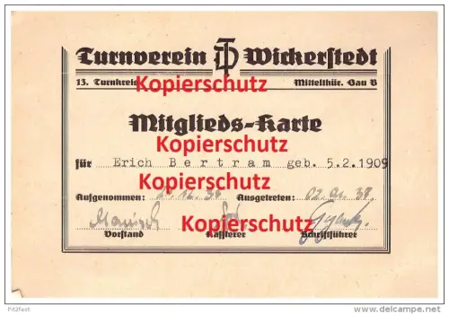 Turnverein Wickerstedt / Bad Sulza , Mitgliedsausweis 1935 , Erich Bertram , Turnen , Sport , Verein !!!