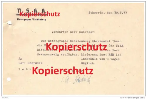 Brief der NSKK Motorgruppe Mecklenburg an Carl Schröder , Bergring Teterow , Bergringrennen 1937 , Motorsport !!!