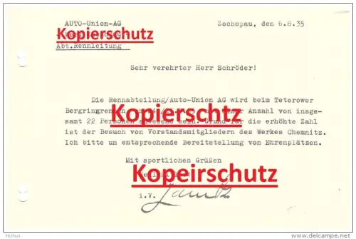 Brief von Auto Union AG , Werk Zschopau , Rennabteilung an Carl Schröder , Bergring Teterow , Bergringrennen 1935 !!!