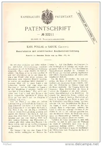 original Patent - Karl Pollak in Sanok , 1885 , Benzinkerze mit elektrischem Anzünder , Leuchter !!!