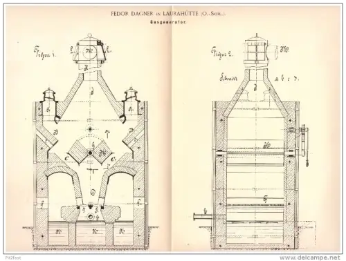 original Patent - Fedor Dagner in Laurahütte O.-S., 1889 , Gasgenerator , Heizung , Oberschlesien , Huta Laura !!!