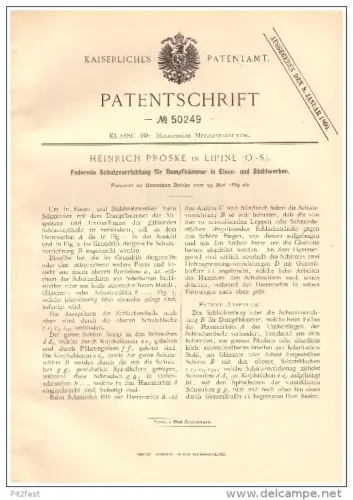 original Patent - Heinrich Proske  in Lipine / Lipiny , 1889 , Schutz für Dampfhammer , Stahlwerk , Oberschlesien  !!!
