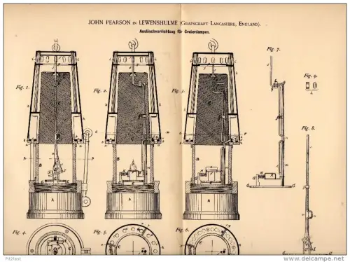 Original Patentschrift - John Pearson in Levenshulme , 1889 , Miner's lamp, lamp for mining, tunneling, lighting !!!