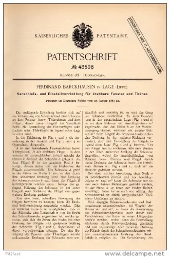 Original Patentschrift - F. Barckhausen in Lage , Lippe , 1889 , drehbare Fenster und Türen , Fensterbau , Tischlerei !!