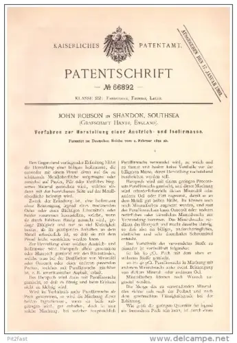 Original Patentschrift -John Robson in Shandon , Southsea ,1892,Insulating compound for coating, paint , painter , Hants