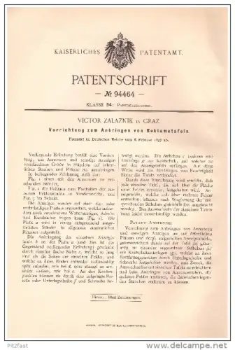 Original Patentschrift - Victor Zalaznik in Graz , 1897 , Reklametafel - Vorrichtung , Reklame , Werbung !!!