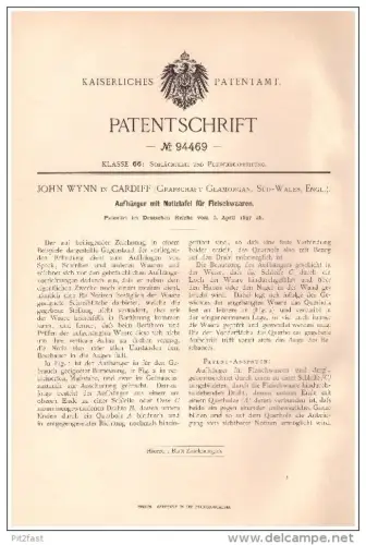 Original Patentschrift -  John Wynn in Cardiff , Wales , 1897 , Notice board for meat, butcher, butchers !!!