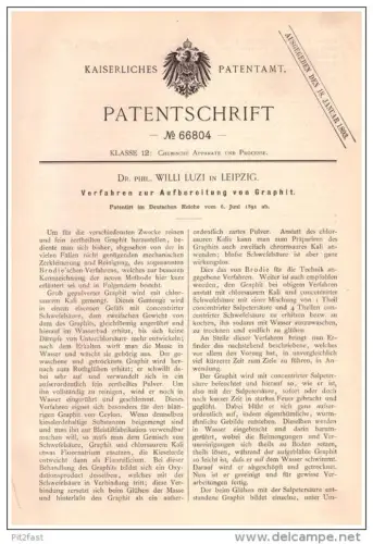 Original Patentschrift -  Dr. phil. Willi Luzi in Leipzig , 1891 , Aufbereitung von Graphit , Chemie , Labor !!!